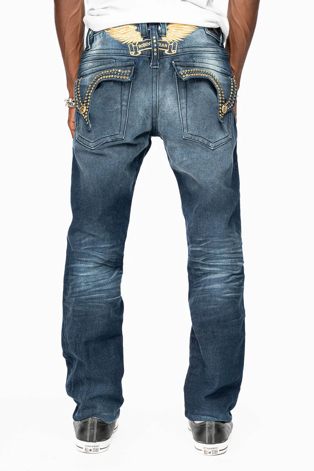KILLER FLAP MENS SKINNY JEAN IN OMAHA DARK WASH EMBELLISHED WITH AURUM & AQUA MARINE CRYSTALS sold by Robin's Jean product image thumbnail 5