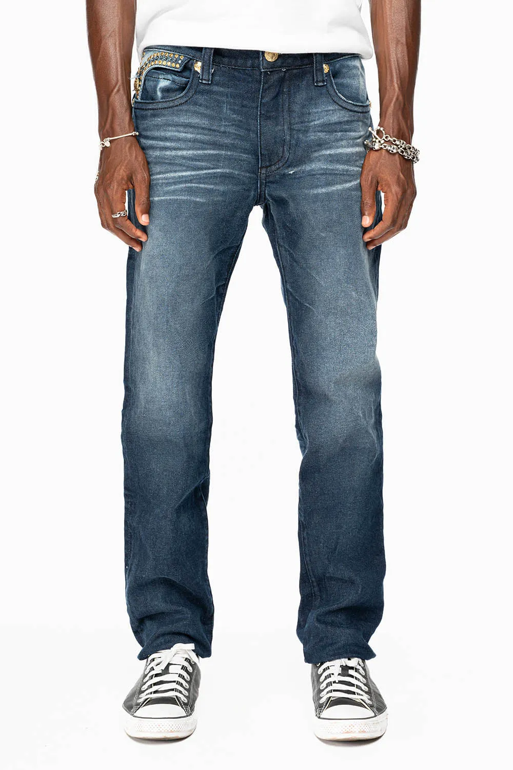 KILLER FLAP MENS SKINNY JEAN IN OMAHA DARK WASH EMBELLISHED WITH AURUM & AQUA MARINE CRYSTALS sold by Robin's Jean product image thumbnail 3