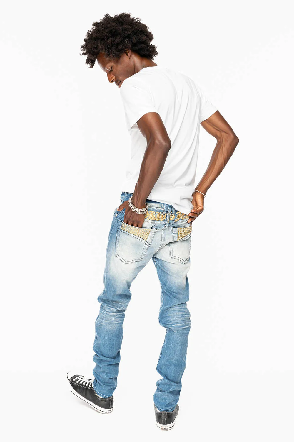 SKINNY JEAN IN BLUE 5D LIGHT WASH EMBELLISHED WITH AURUM CRYSTALS sold by Robin's Jean