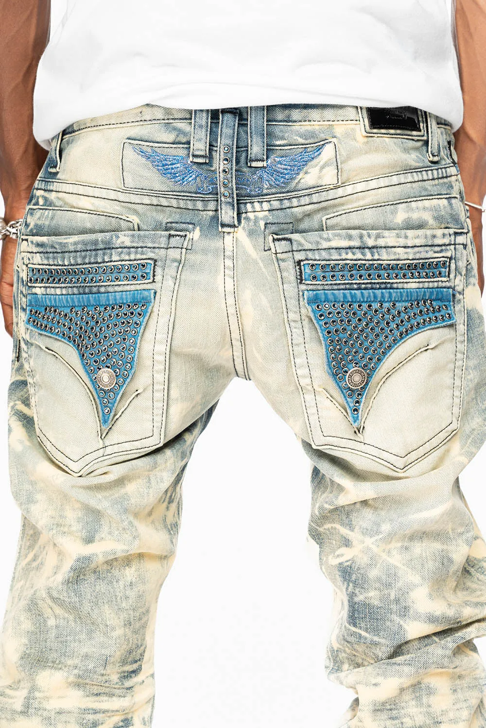 MENS FLAP POCKET SLIM JEANS IN NEW JAPAN LIGHT WASH WITH CRYSTALS sold by Robin's Jean product image thumbnail 2