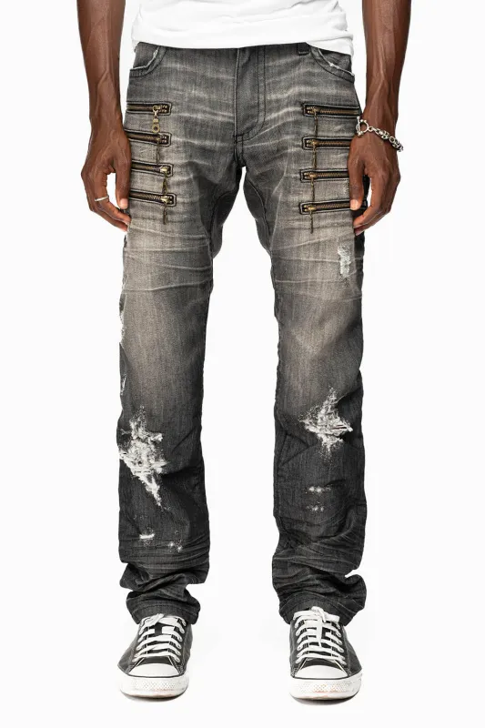 MENS MOTORCYCLE ZIPPERS SLIM JEANS IN ALBANY BLK BROKEN WASH EMBELLISHED WITH CRYSTALS sold by Robin's Jean