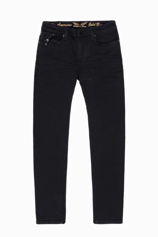 KILLER FLAP SKINNY JEANS IN PURE BLACK  WASH WITH JET BLACK CRYSTALS sold by Robin's Jean