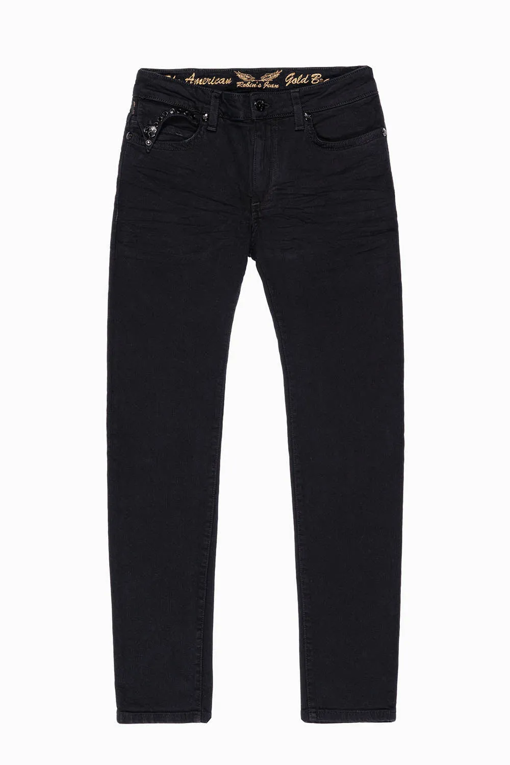 KILLER FLAP SKINNY JEANS IN PURE BLACK WASH WITH JET BLACK CRYSTALS sold by Robin's Jean