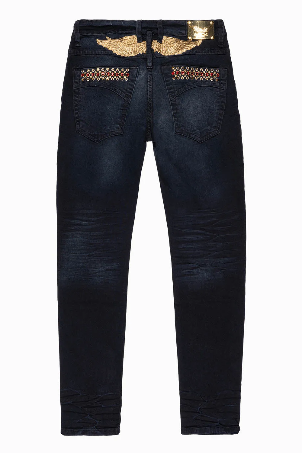 SKINNY MENS JEANS IN F_D UP BLACK WASH WITH RED AND GOLD AURUM CRYSTALS sold by Robin's Jean
