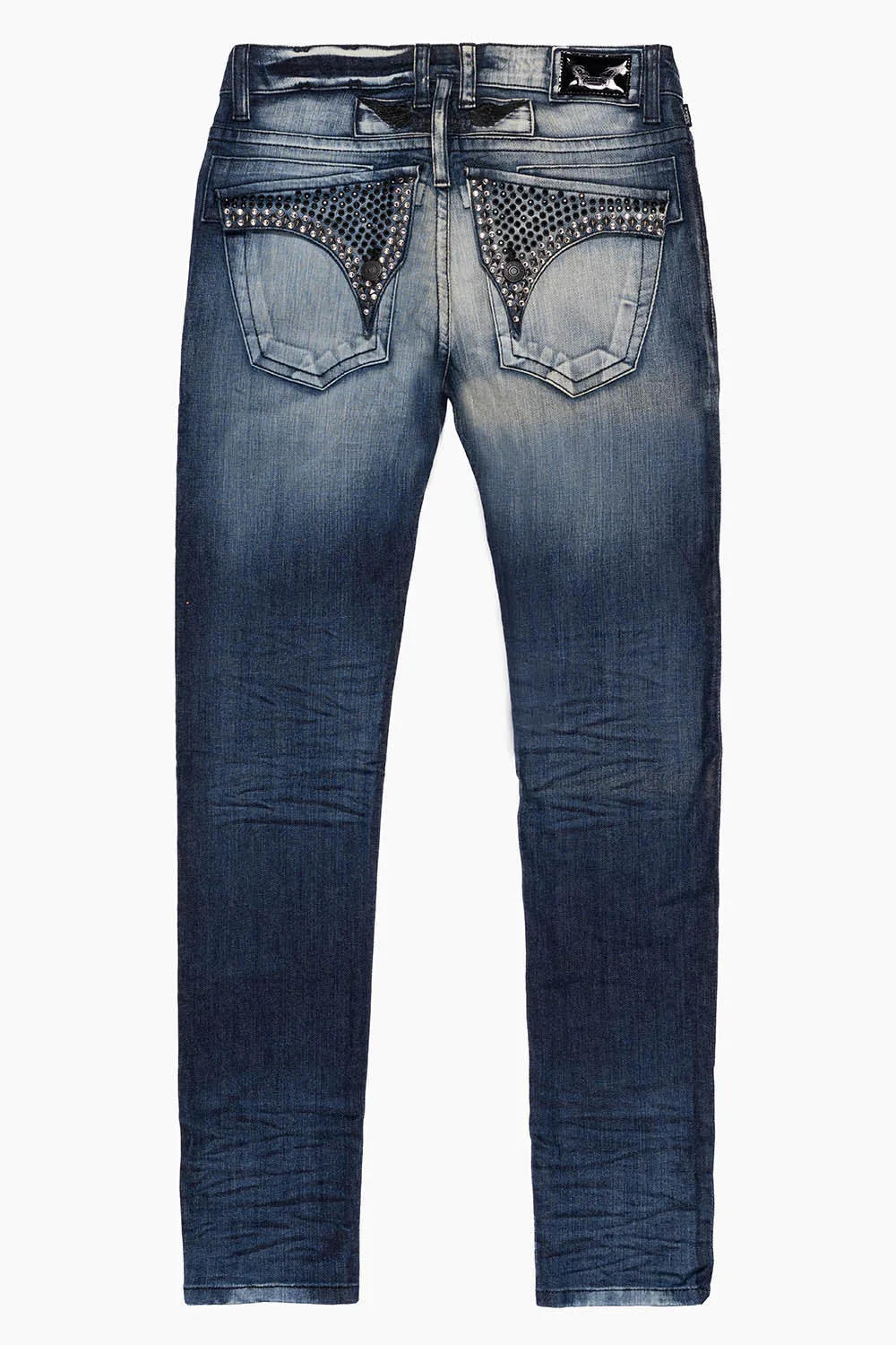 LONG FLAP MENS SLIM JEANS IN BLUE LEYTON DARK WASH WITH FULL FLAP CRYSTALS sold by Robin's Jean
