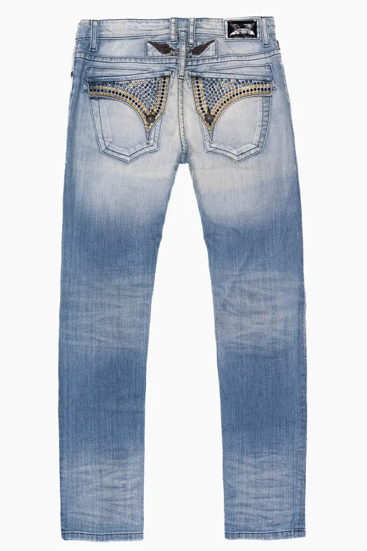 LONG FLAP MENS SLIM JEANS IN ELROY MEDIUM BROKEN WASH WITH FULL FLAP CRYSTALS sold by Robin's Jean