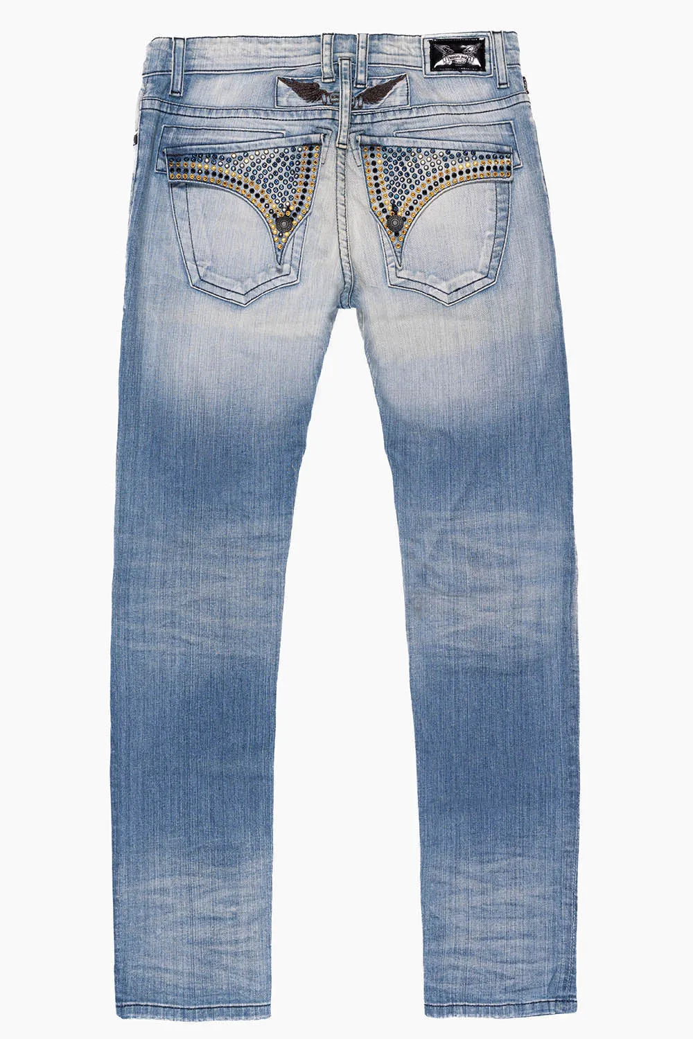 LONG FLAP MENS SLIM JEANS IN ELROY MEDIUM BROKEN WASH WITH FULL FLAP CRYSTALS sold by Robin's Jean