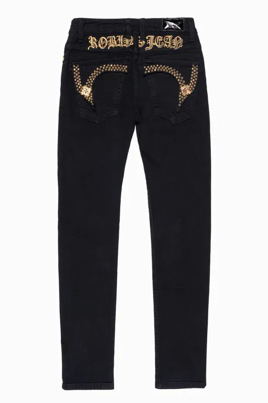 KILLER FLAP MENS SKINNY JEANS IN PURE BLK  EMBELLISHED WITH  CRYSTALS AND  JEWEL BROOCH sold by Robin's Jean