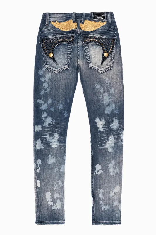 KILLER FLAP MENS SKINNY JEANS IN NEW JAPAN MEDIUM WASH  WITH GOLD WINGS EMBELLISHED WITH CRYSTALS sold by Robin's Jean