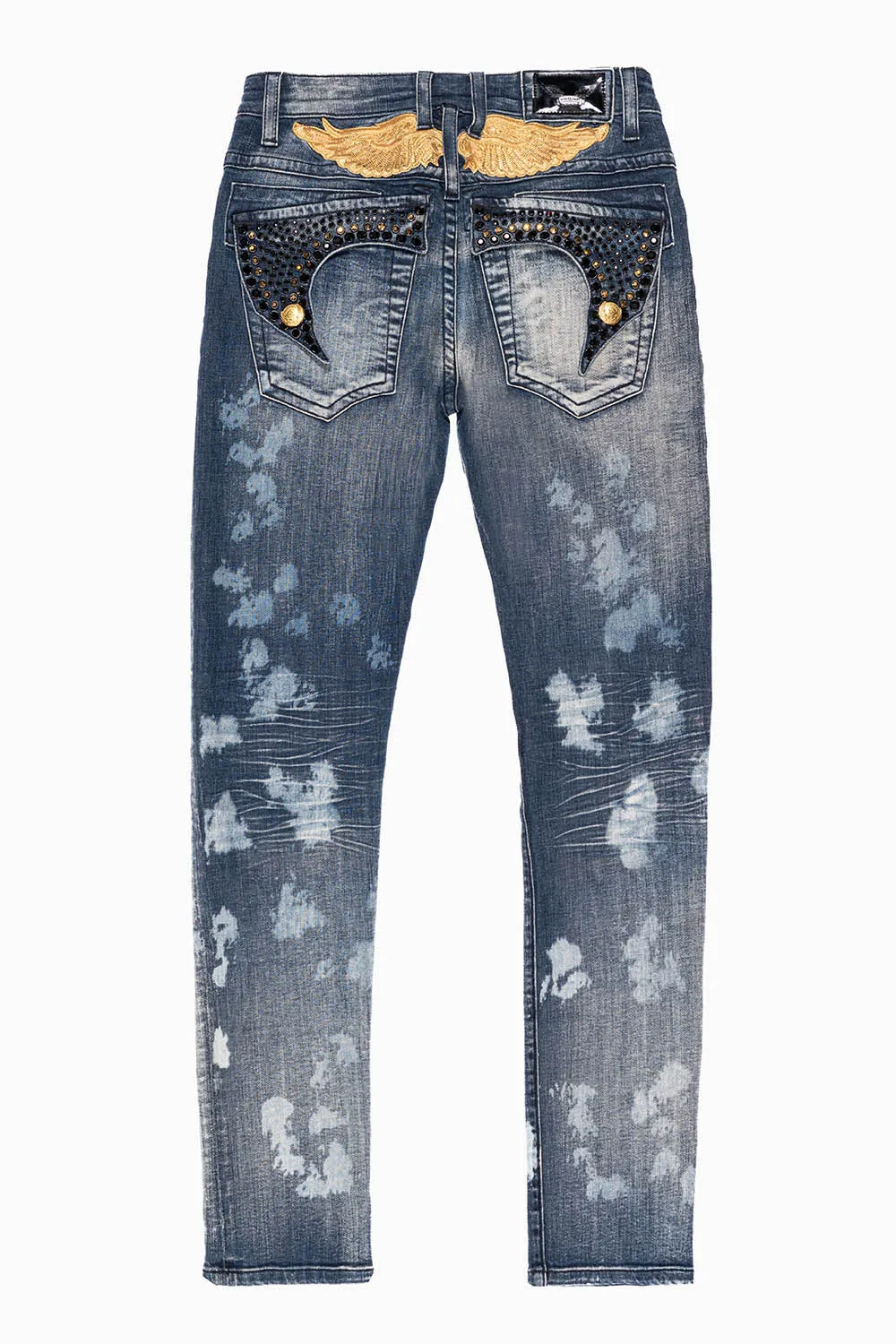 KILLER FLAP MENS SKINNY JEANS IN NEW JAPAN MEDIUM WASH WITH GOLD WINGS EMBELLISHED WITH CRYSTALS sold by Robin's Jean