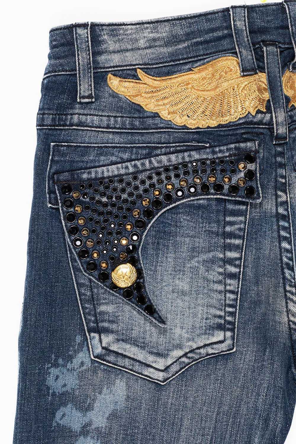 KILLER FLAP MENS SKINNY JEANS IN NEW JAPAN MEDIUM WASH WITH GOLD WINGS EMBELLISHED WITH CRYSTALS sold by Robin's Jean product image thumbnail 3