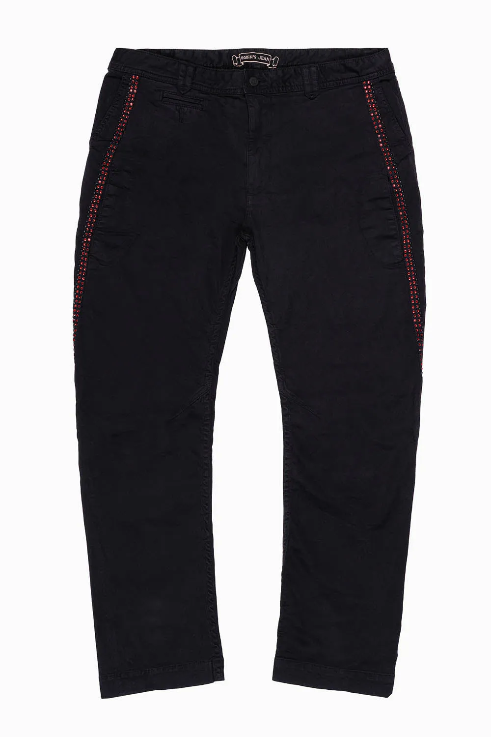 MENS CHINO PANTS WITH STUDS AND CRYSTALS IN PURE BLACK WASH sold by Robin's Jean