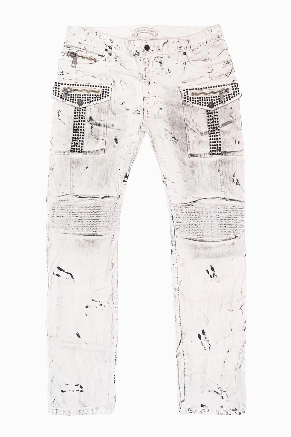 MILITARY/BIKER LONG FLAP SKINNY JEANS EMBELLISHED WITH BLACK CRYSTALS IN SPACE DYE WHITE WASH sold by Robin's Jean
