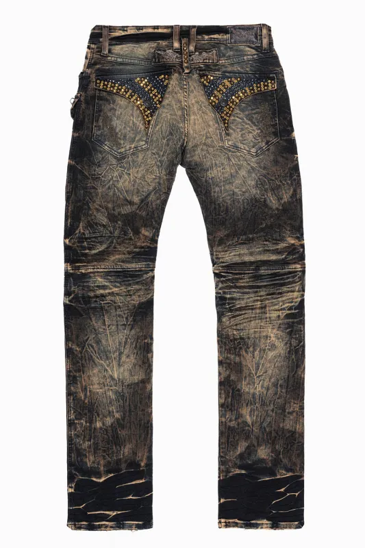 MILITARY/BIKER LONG FLAP SKINNY JEANS  EMBELLISHED WITH CRYSTALS AND NAILHEADS IN WHISKY WASH sold by Robin's Jean