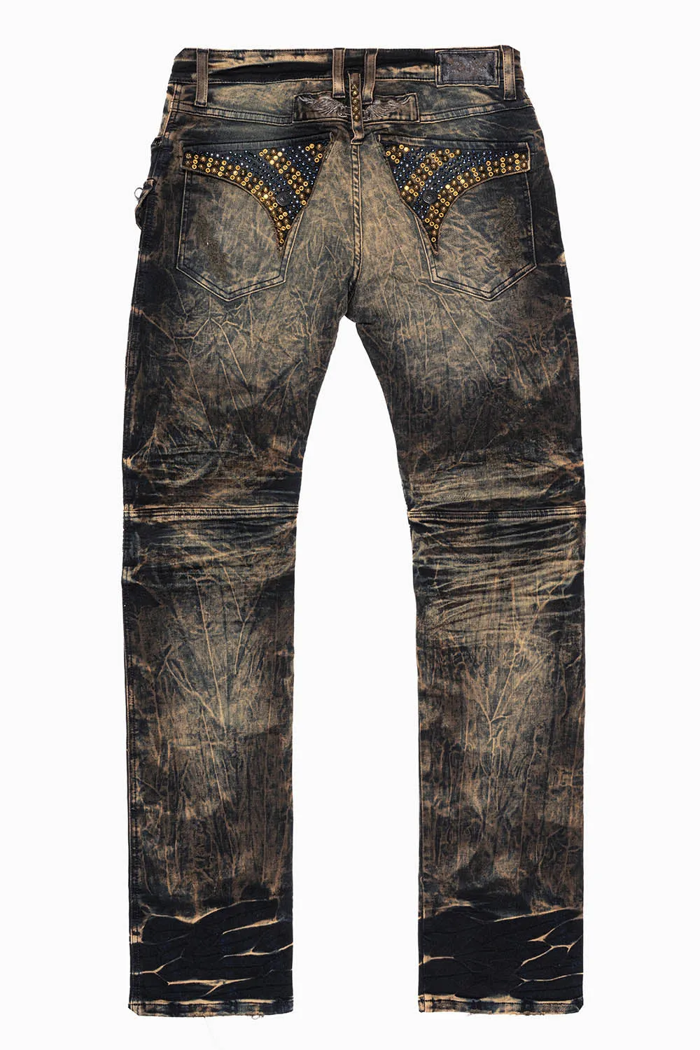 MILITARY/BIKER LONG FLAP SKINNY JEANS EMBELLISHED WITH CRYSTALS AND NAILHEADS IN WHISKY WASH sold by Robin's Jean