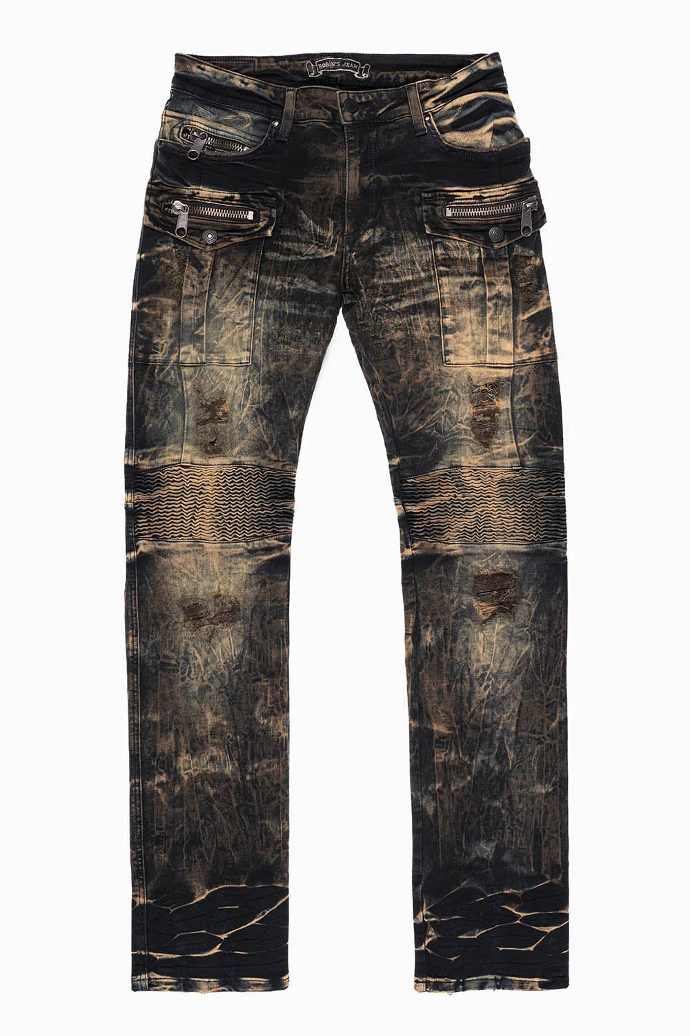 MILITARY/BIKER LONG FLAP SKINNY JEANS EMBELLISHED WITH CRYSTALS AND NAILHEADS IN WHISKY WASH sold by Robin's Jean product image thumbnail 2