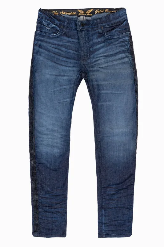 SKINNY MENS JEANS IN BLUE LIBERTY DARK WASH WITH SIDE SEAM STRIPE  NAILHEADS sold by Robin's Jean