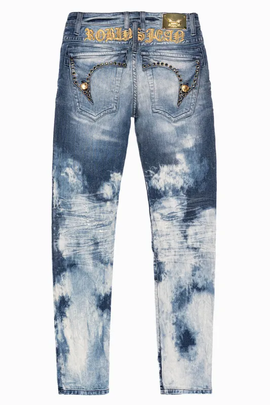 KILLER FLAP MENS SKINNY JEANS IN BLUE CLOUD JAPAN WASH WITH EMBELLISHED MONTANA BLUE CRYSTAL sold by Robin's Jean