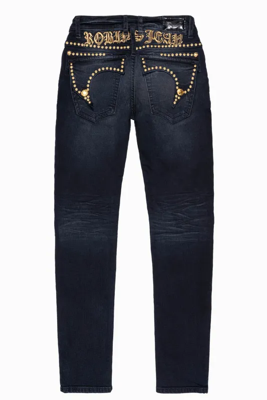MENS F-UP BLACK SLIM FIT KILLER FLAP JEANS WITH O.E. SCRIPT EMBELLISHED WITH GOLD NAILHEADS sold by Robin's Jean