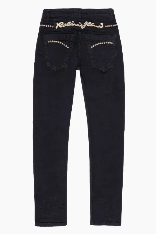 SKINNY JEAN IN PURE BLACK WITH GOLD/SILVER  ROBIN’S LOGO EMBELLISHED WITH GOLD NAILHEAD STUDS sold by Robin's Jean