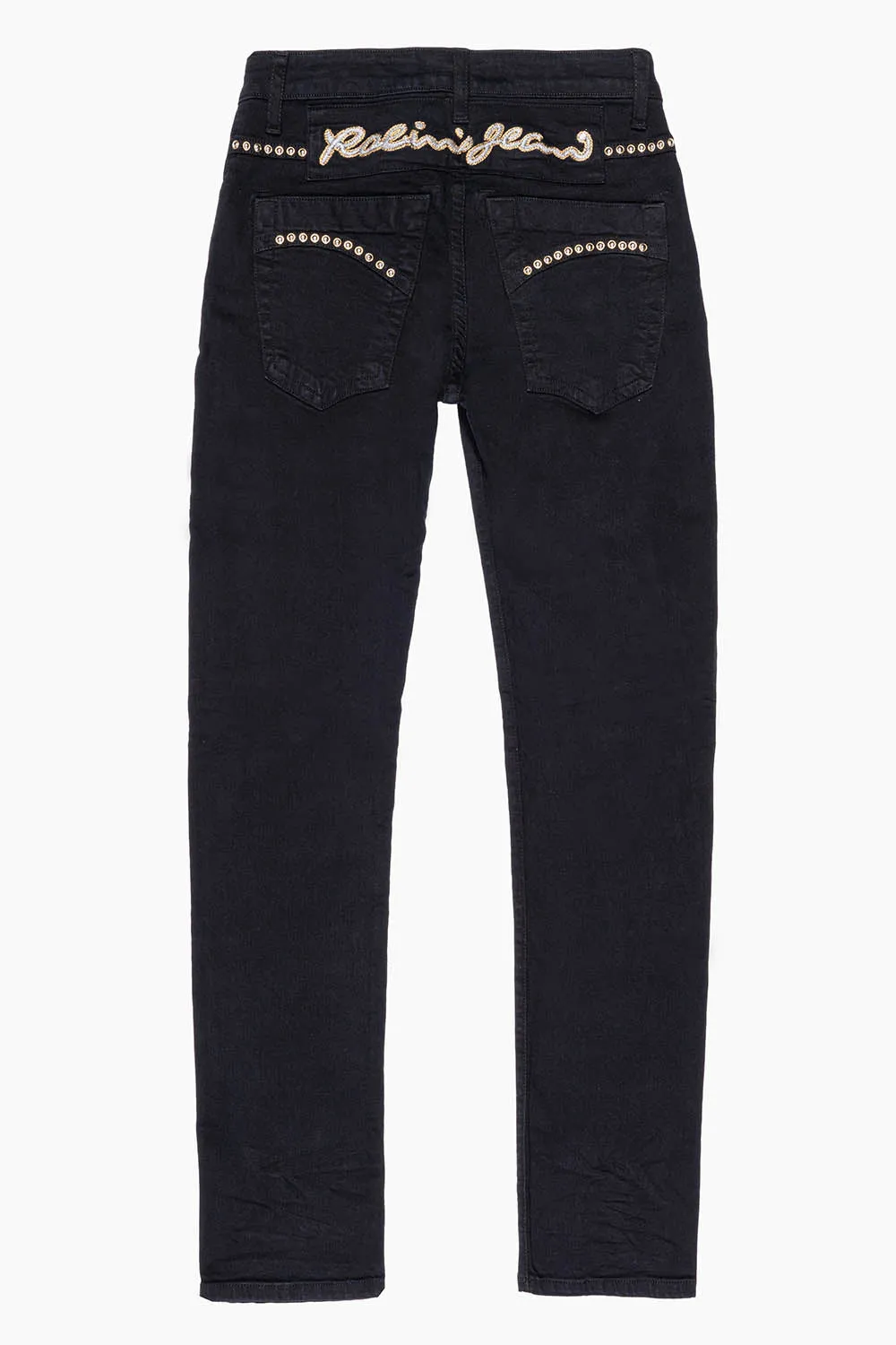 SKINNY JEAN IN PURE BLACK WITH GOLD/SILVER ROBIN’S LOGO EMBELLISHED WITH GOLD NAILHEAD STUDS sold by Robin's Jean