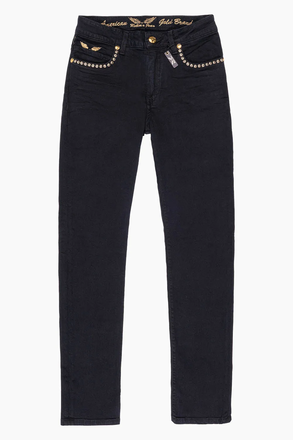 SKINNY JEAN IN PURE BLACK WITH GOLD/SILVER ROBIN’S LOGO EMBELLISHED WITH GOLD NAILHEAD STUDS sold by Robin's Jean product image thumbnail 2