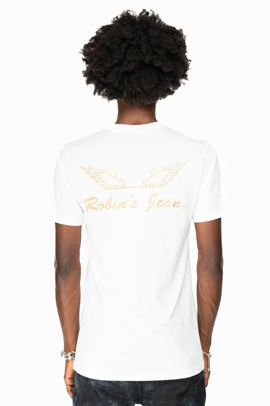 ROBIN’S LOGO WINGS TEE IN WHITE GOLD GLITTER sold by Robin's Jean