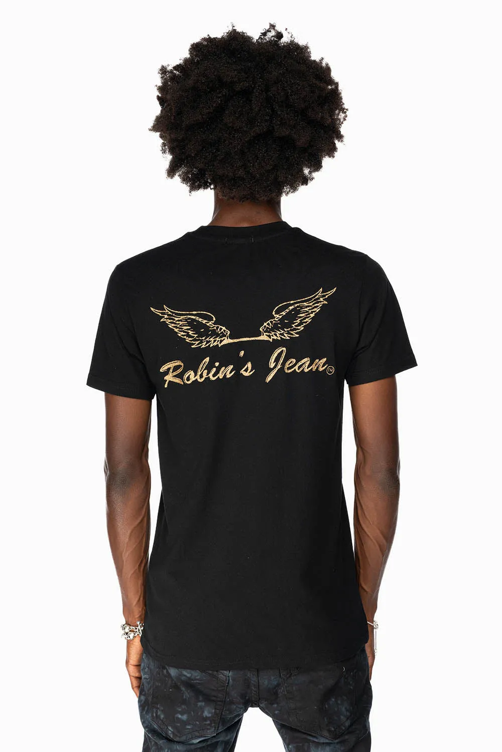 ROBIN’S LOGO WINGS TEE IN BLACK GOLD GLITTER sold by Robin's Jean