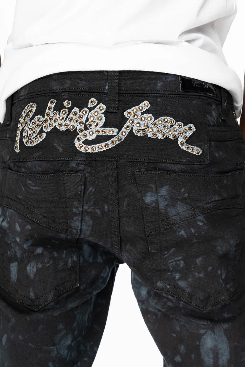 SKINNY MENS JEANS IN ASTRO BLACK WITH CHAIN STITCH EMBROIDERY LOGO EMBELLISHED WITH CRYSTALS sold by Robin's Jean product image thumbnail 2