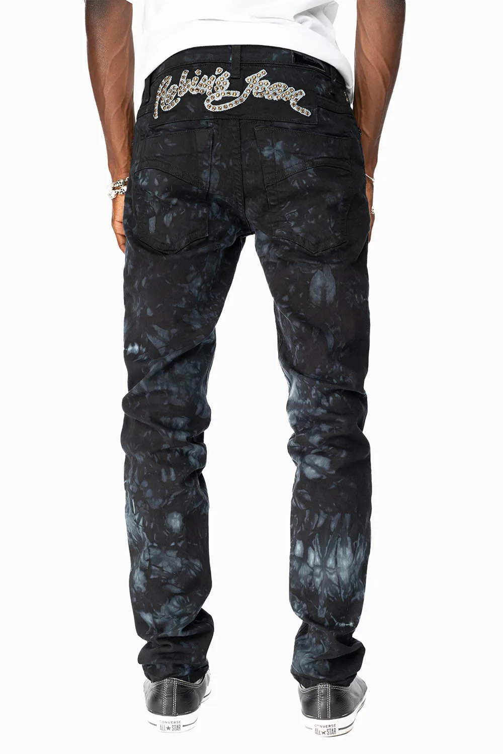 SKINNY MENS JEANS IN ASTRO BLACK WITH CHAIN STITCH EMBROIDERY LOGO EMBELLISHED WITH CRYSTALS sold by Robin's Jean product image thumbnail 5