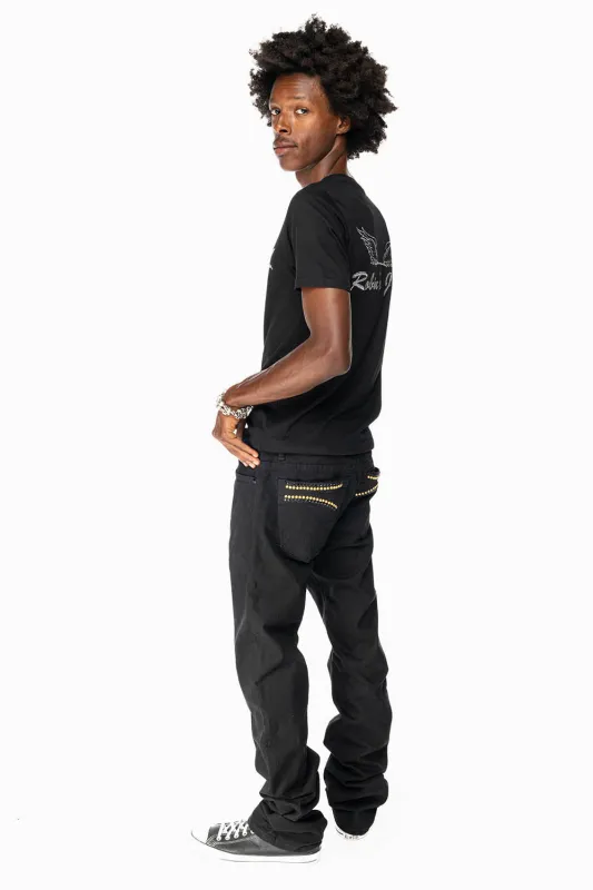 CLASSIC STRAIGHT LEG JEANS IN  BLACK WASH EMBELLISHED WITH STUDS & CRYSTALS sold by Robin's Jean