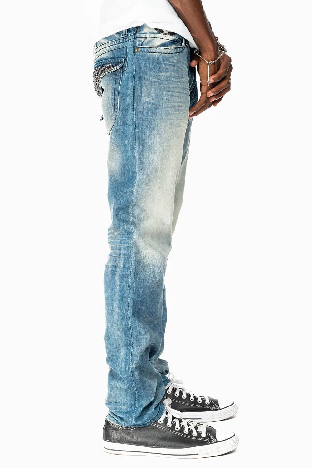 MENS LONG FLAP SLIM JEANS EMBELLISHED WITH CRYSTALS IN OMAHA TAN WASH sold by Robin's Jean product image thumbnail 4