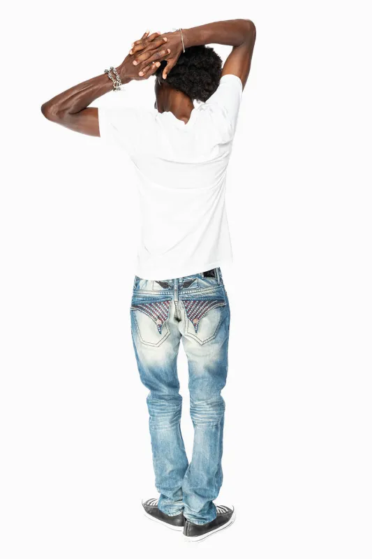 LIMITED EDITION MENS LONG FLAP SLIM JEANS  EMBELLISHED WITH CRYSTALS IN OMAHA TAN WASH sold by Robin's Jean