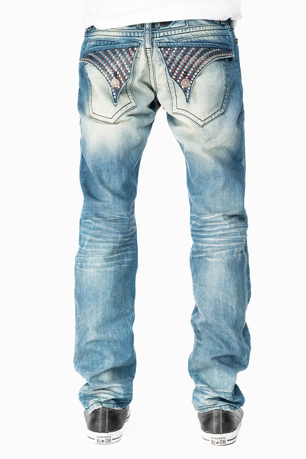 MENS LONG FLAP SLIM JEANS EMBELLISHED WITH CRYSTALS IN OMAHA TAN WASH sold by Robin's Jean product image thumbnail 5