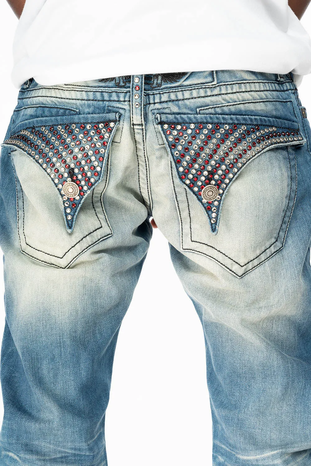 MENS LONG FLAP SLIM JEANS EMBELLISHED WITH CRYSTALS IN OMAHA TAN WASH sold by Robin's Jean product image thumbnail 2