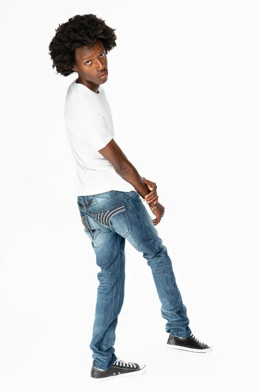 LIMITED EDITION MENS LONG FLAP SLIM JEANS  EMBELLISHED WITH CRYSTALS IN OMAHA DARK WASH sold by Robin's Jean