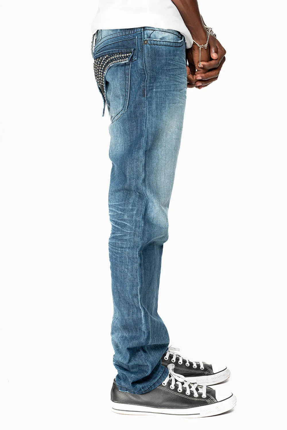 MENS LONG FLAP SLIM JEANS EMBELLISHED WITH CRYSTALS IN OMAHA DARK WASH sold by Robin's Jean product image thumbnail 4