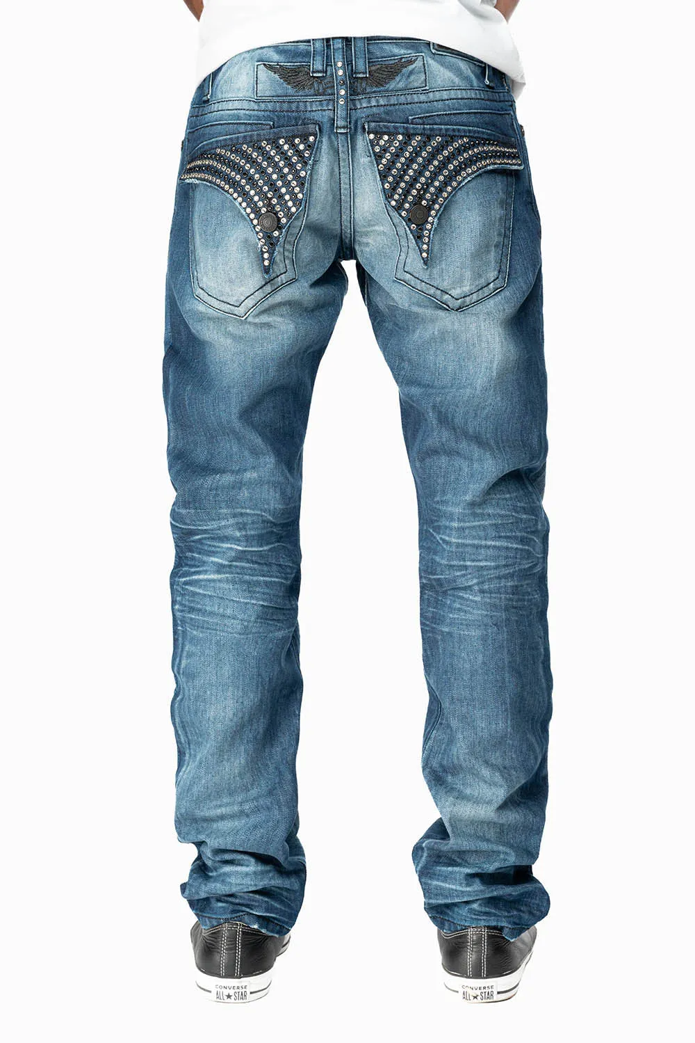 MENS LONG FLAP SLIM JEANS EMBELLISHED WITH CRYSTALS IN OMAHA DARK WASH sold by Robin's Jean product image thumbnail 5