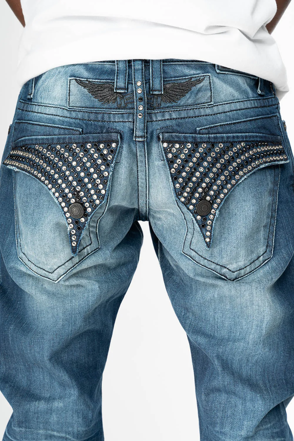 MENS LONG FLAP SLIM JEANS EMBELLISHED WITH CRYSTALS IN OMAHA DARK WASH sold by Robin's Jean product image thumbnail 2