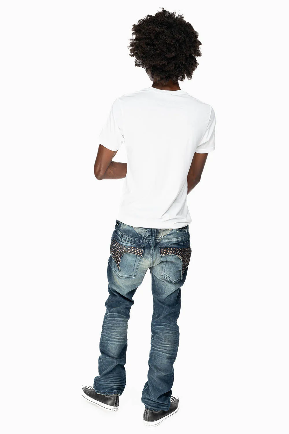 KILLER FLAP MENS STRAIGHT LEG JEANS IN ALBANY DARK FULLY EMBELLISHED WITH SMOKY TOPAZ CRYSTALS sold by Robin's Jean