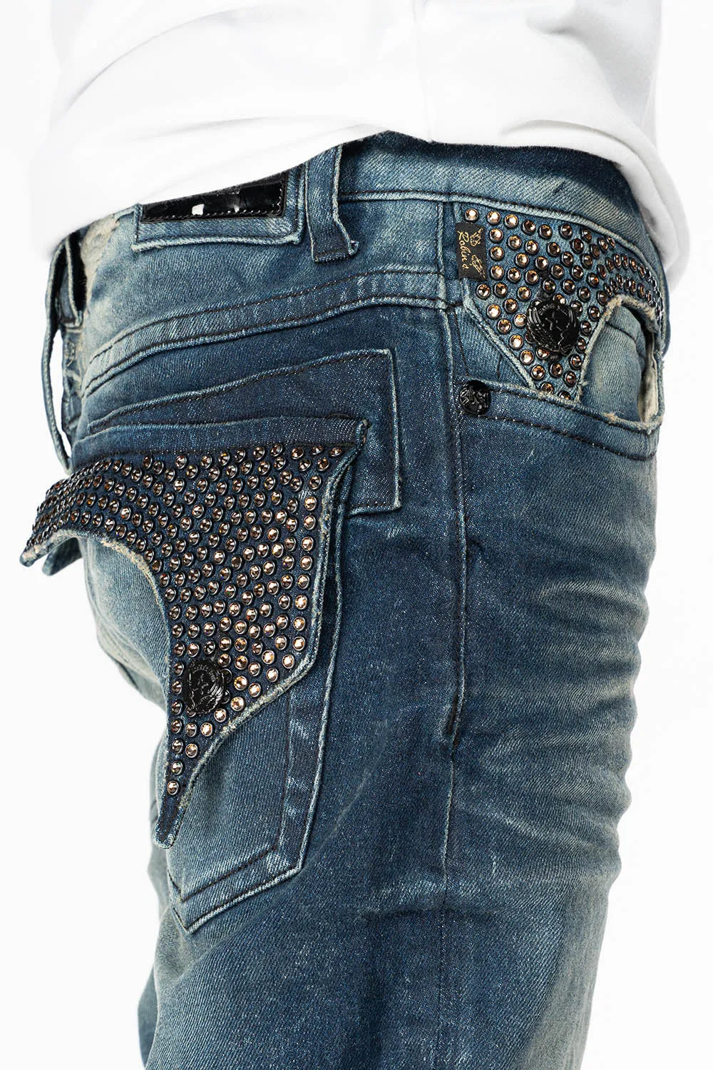 KILLER FLAP MENS STRAIGHT LEG JEANS IN ALBANY DARK FULLY EMBELLISHED WITH SMOKY TOPAZ CRYSTALS sold by Robin's Jean product image thumbnail 2