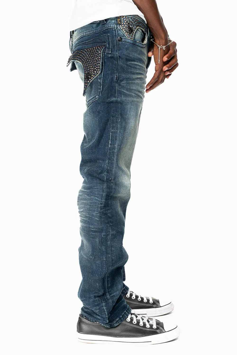 KILLER FLAP MENS STRAIGHT LEG JEANS IN ALBANY DARK FULLY EMBELLISHED WITH SMOKY TOPAZ CRYSTALS sold by Robin's Jean product image thumbnail 4