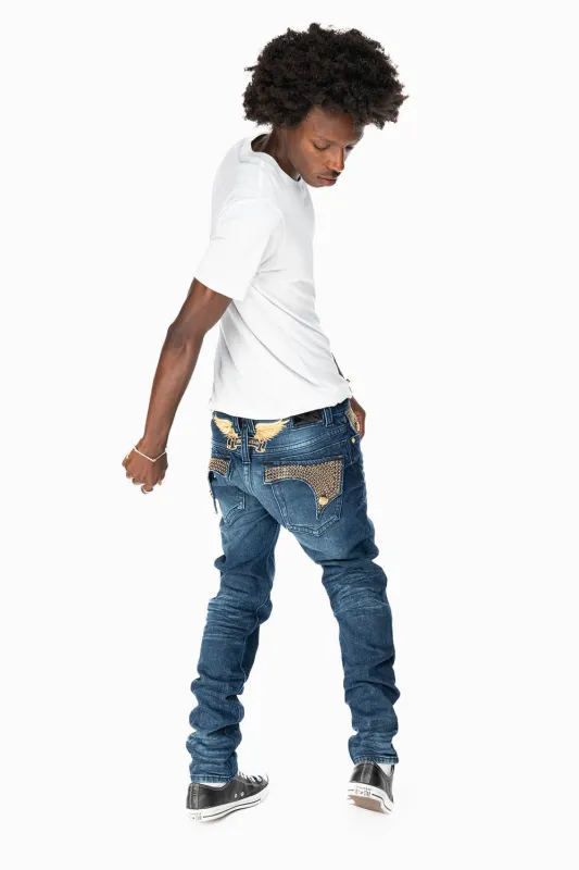 KILLER FLAP MENS SKINNY JEAN IN OMAHA DARK WASH FULLY EMBELLISHED WITH JET BLK CRYSTALS sold by Robin's Jean