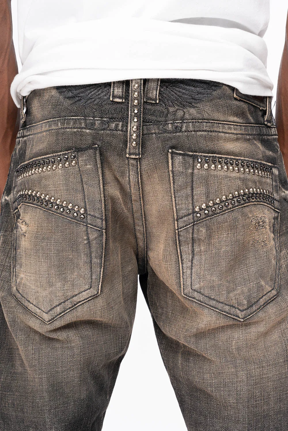 ROBIN'S STRAIGHT LEG JEANS IN CHARCOAL MODOC BROKEN WASH WITH CRYSTALS AND NAILHEAD sold by Robin's Jean product image thumbnail 5