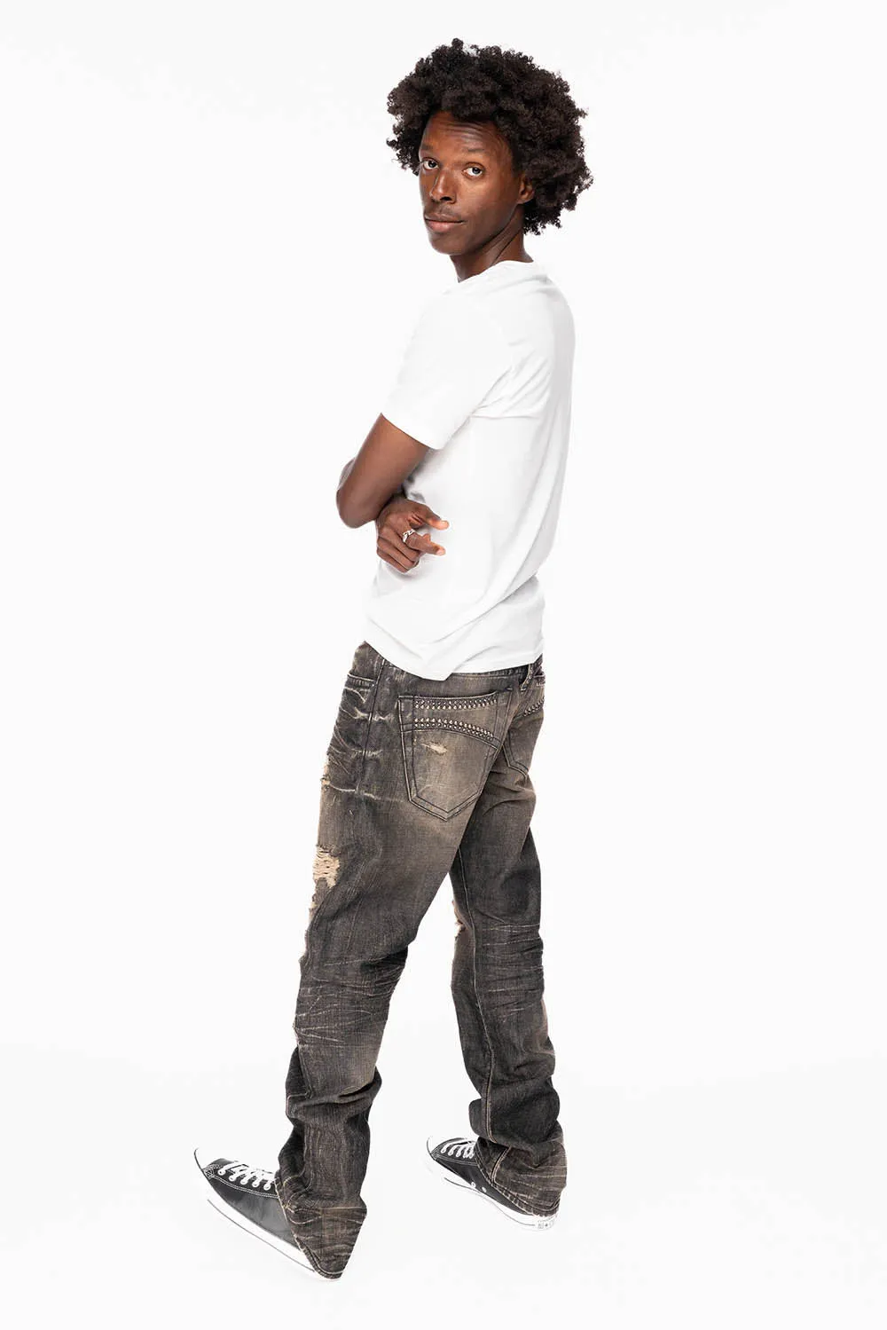 ROBIN'S STRAIGHT LEG JEANS IN CHARCOAL MODOC BROKEN WASH WITH CRYSTALS AND NAILHEAD sold by Robin's Jean