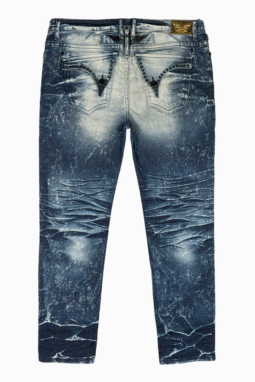 LONG FLAP MENS SKINNY JEANS IN BLUE 5D DARK BROKEN WASH WITH MONTANA BLUE CRYSTALS sold by Robin's Jean