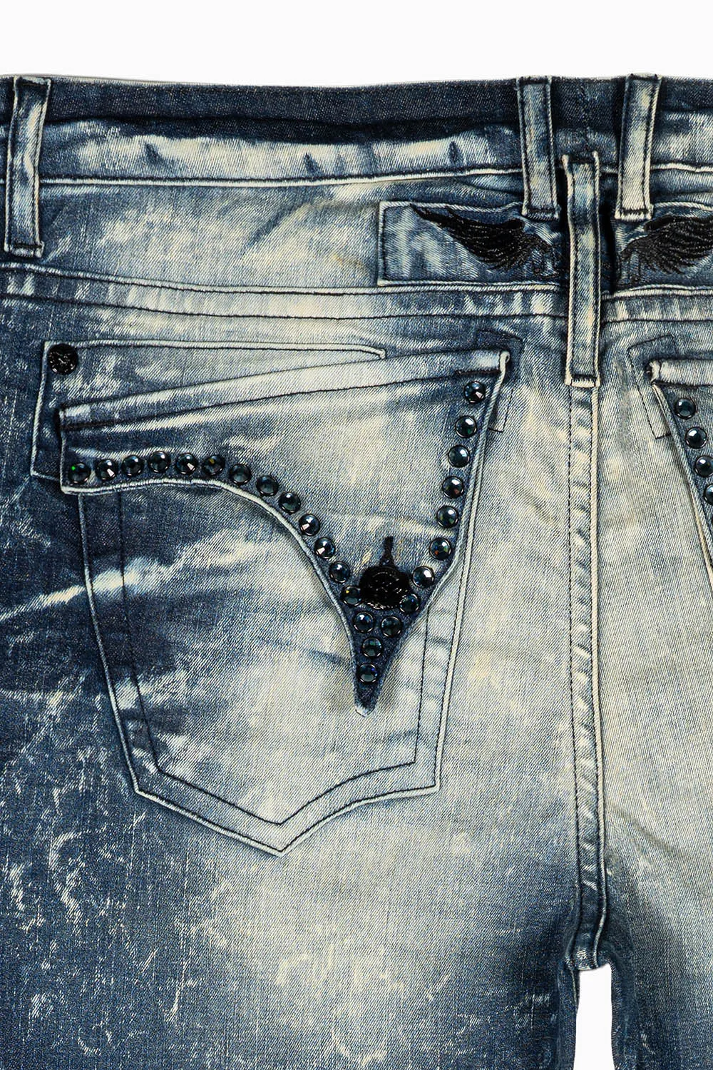 LONG FLAP MENS SKINNY JEANS IN BLUE 5D DARK BROKEN WASH WITH MONTANA BLUE CRYSTALS sold by Robin's Jean product image thumbnail 2