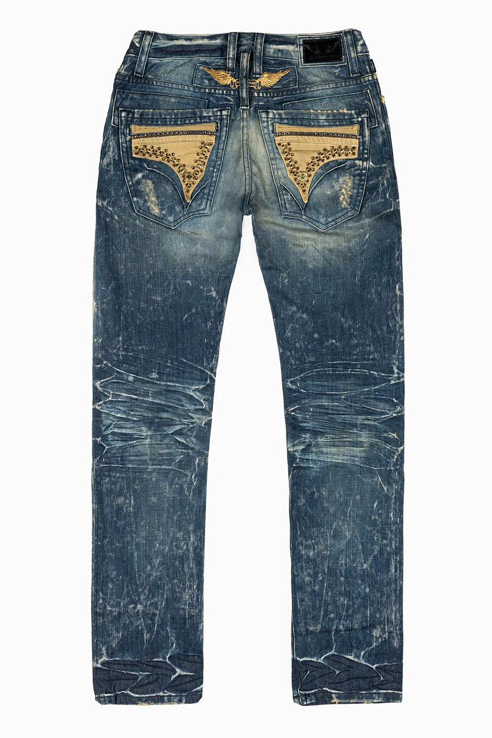 MENS MINI FLAP POCKET SLIM JEANS IN BLUE 4D DARK BROKEN WASH WITH CRYSTALS AND STUDS sold by Robin's Jean