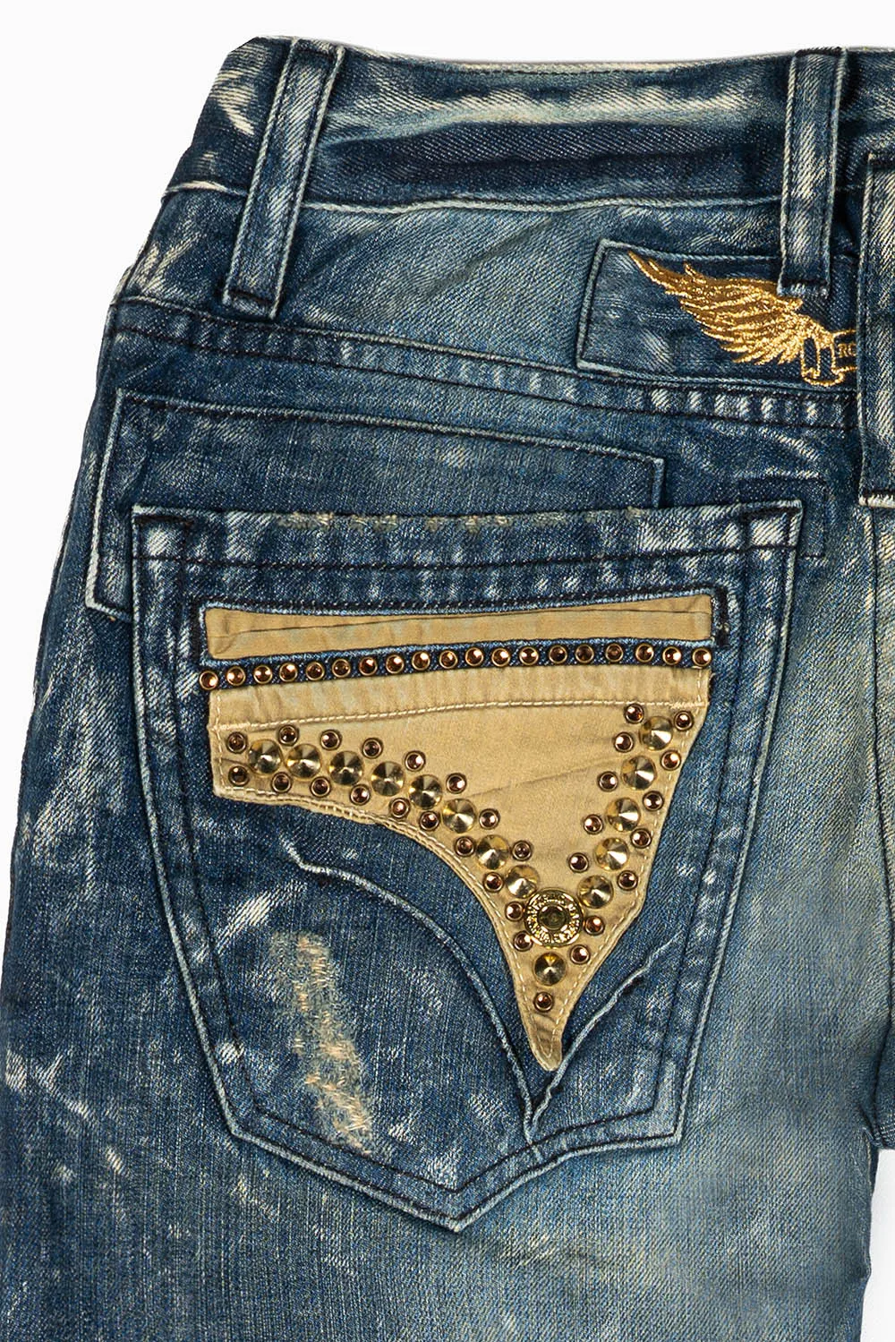 MENS MINI FLAP POCKET SLIM JEANS IN BLUE 4D DARK BROKEN WASH WITH CRYSTALS AND STUDS sold by Robin's Jean product image thumbnail 2
