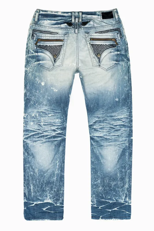 MINI FLAP MENS SLIM JEANS IN BLUE 5D MEDIUM BROKEN WASH WITH CRYSTALS sold by Robin's Jean